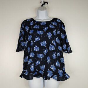 Simply Styled Ruffle Hem Floral Blue and White Blouse Top Size LP. NWT